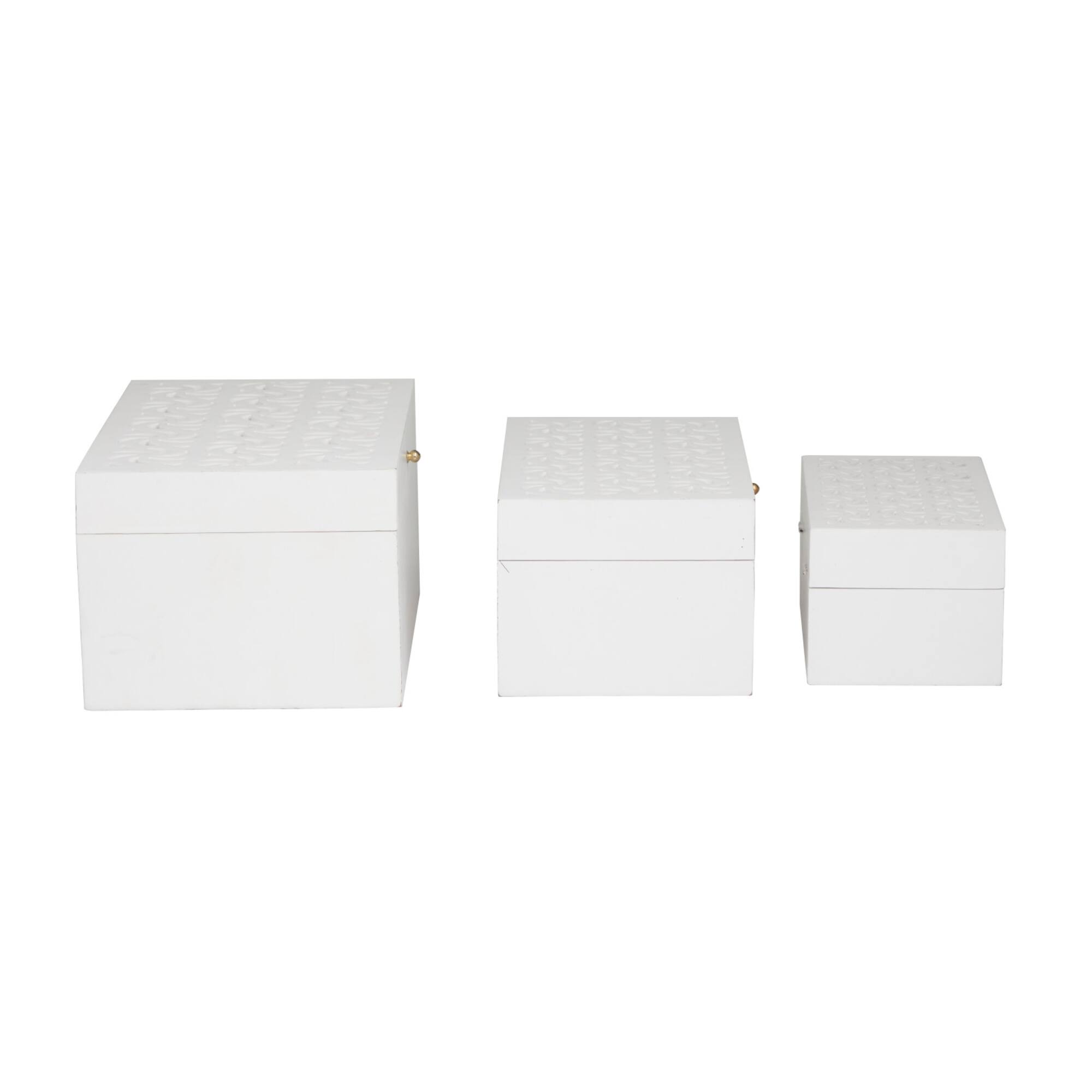 White Wood Intricate Carved Box with Hinged Lid Set